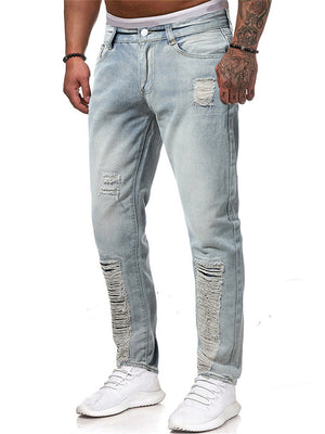 Men's Trendy Ripped Mid Waist Light Blue Denim Pencil Pants