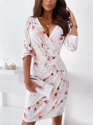 Feminine Design Wrap Neck Floral Print Ruched Detailing Thigh-Length Dress