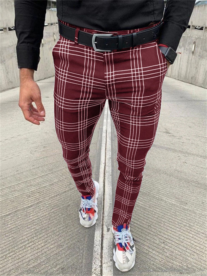 Men's Classic Plaid Skinny Pencil Pants with Pocket