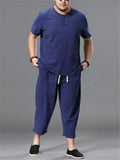 Loose Fit Linen 2-Piece Round Neck Button T-Shirt + Drawstring Cropped Pants