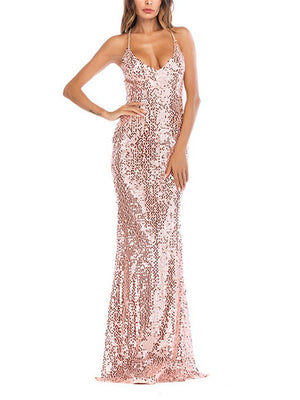 Shiny Sequined Spaghetti Strap Backless Maxi Dress for Party
