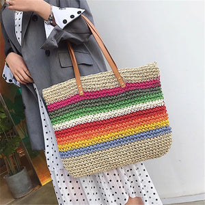 New Casual Rainbow Color Straw Handbags Large Capacity Beach Bag