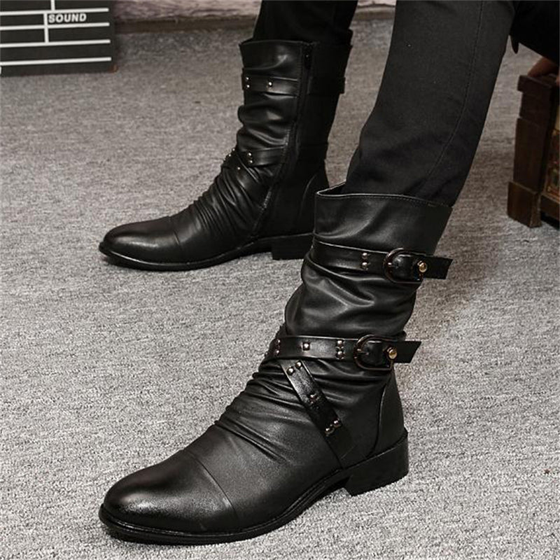 Men's Vintage Style Buckle Up Side Zipper Chunky Low Heel Boots
