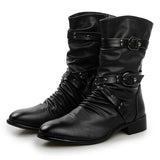 Men's Vintage Style Buckle Up Side Zipper Chunky Low Heel Boots