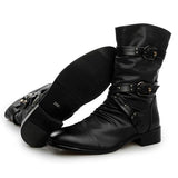 Men's Vintage Style Buckle Up Side Zipper Chunky Low Heel Boots