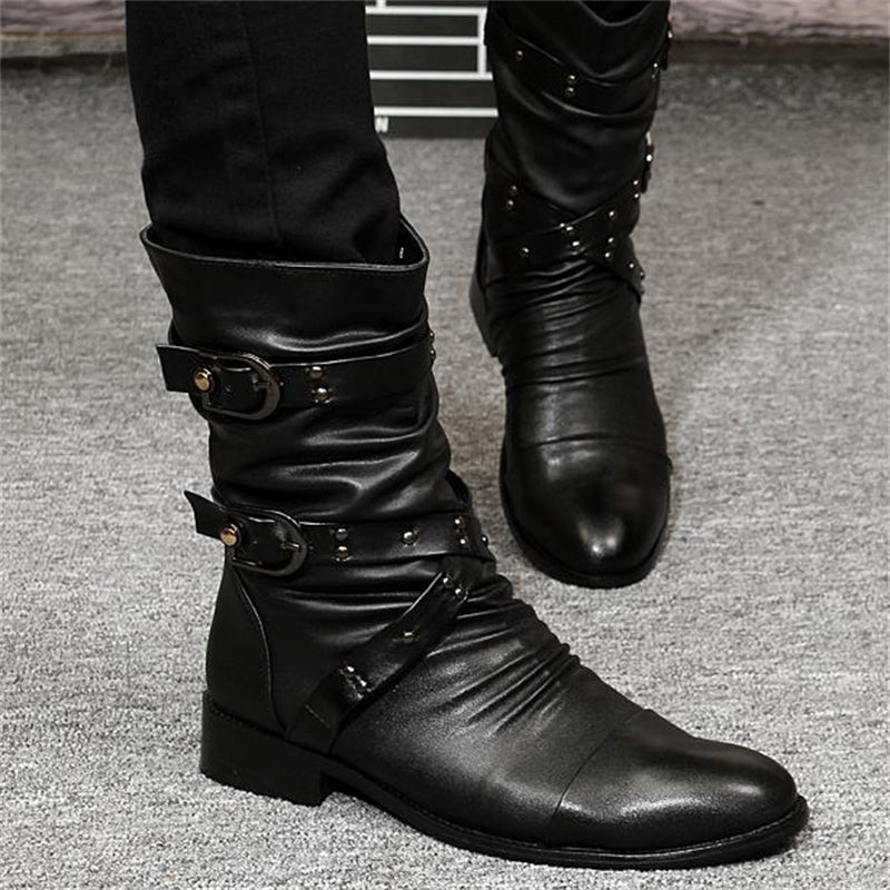 Men's Vintage Style Buckle Up Side Zipper Chunky Low Heel Boots