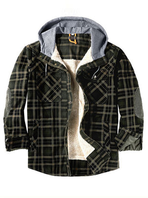 Men's Fashion Warm Fleece Lining Hooded Plaid Jackets for Winter