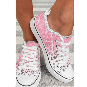 Women's Cute Pink Leopard Lace Up Canvas Loafers