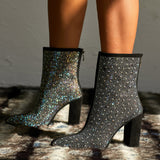 Women's Beautiful Shining Crystal Pointed Toe Chunky Heel Boots