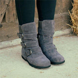 Cushioned Low-Calf Knitted Fabric Zipper Buckled Slip On Boots