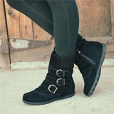 Cushioned Low-Calf Knitted Fabric Zipper Buckled Slip On Boots