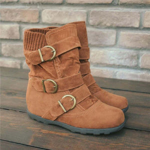 Cushioned Low-Calf Knitted Fabric Zipper Buckled Slip On Boots