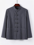 Retro Style Linen 2-Piece Outfit Button Collar Shirt + Full-Length Elastic Waistband Pants