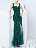 Stunning Sequined High Slit Formal Tulle Dress for Dinner