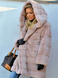 Premium Quality Grooved Pattern Faux Fur Hooded Coat