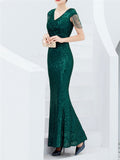 V-Neck Short Sleeve Graceful Slim Sequins Solid Color Long Evening Dresses