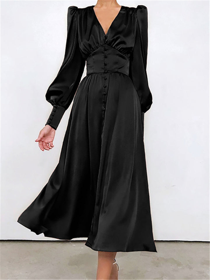 V-Neck Single Breasted High Waist Long Dress