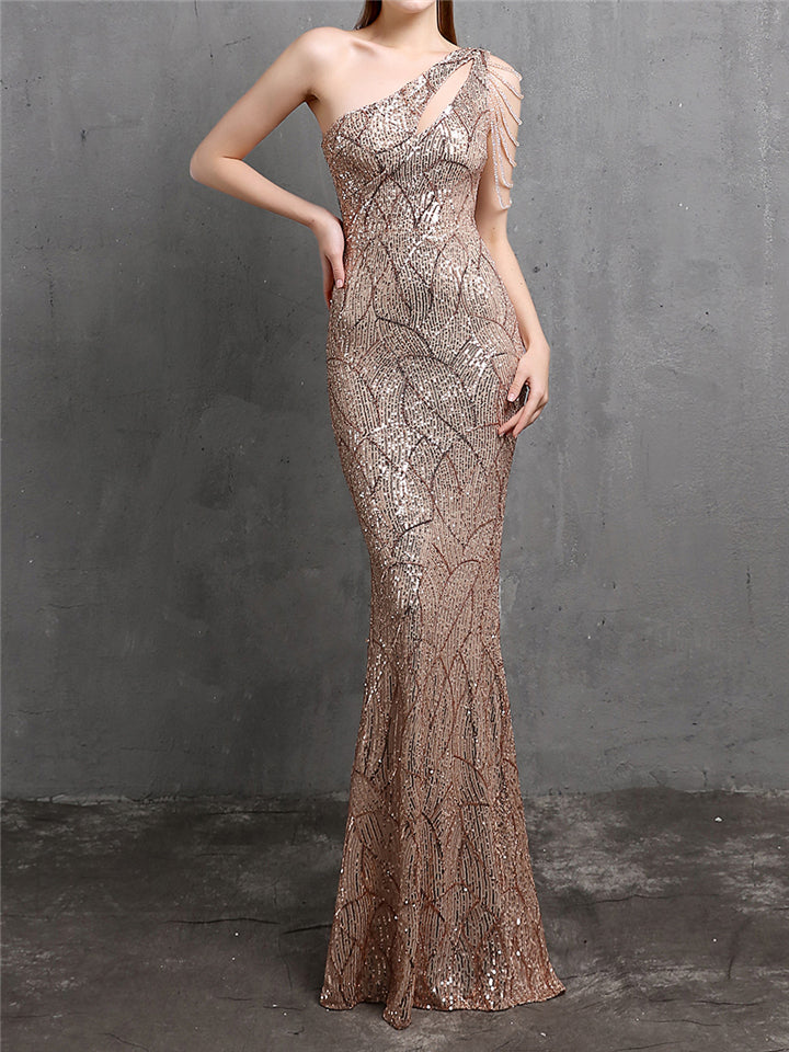 Elegant Sexy Sequins Slim One-Shoulder Evening Dresses