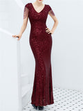 V-Neck Short Sleeve Graceful Slim Sequins Solid Color Long Evening Dresses