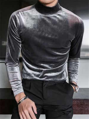 Slim Velvet Mock Neck Long Sleeve T-Shirts