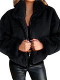 Comfortable Warm Full Zip Fastening Side Pocket Artificial Fur Cropped Coat