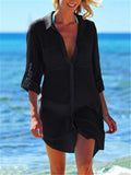 Semi-Sheer Side Slit Curved Hem Chest Pocket Classic Collar Thigh-Length Beach Blouse