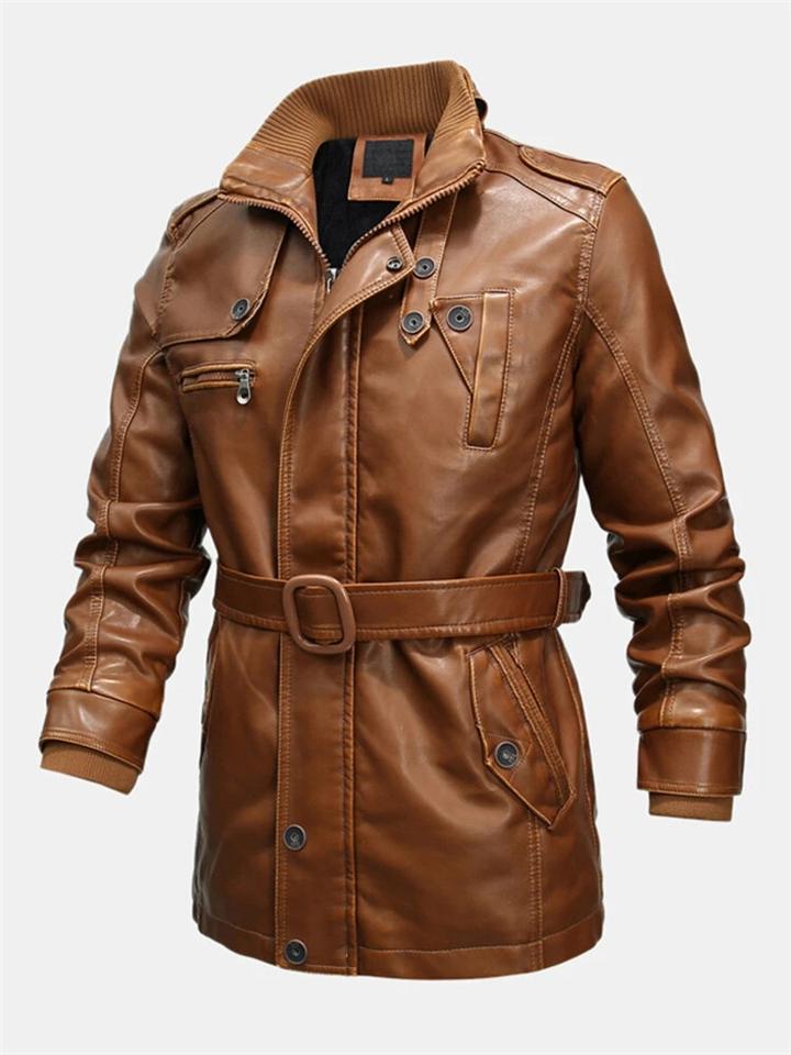 Men Winter Fashion Fleece Lined Midi Leather Jacket With Waistband