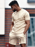 Mens Solid Color Casual Comfy Short Sleeved T-Shirts+Shorts
