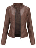 Women's PU Leather Stand Collar Slim Jacket