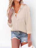Office Lady Simple Button Pocket Comfortable Pure Color Silk Blouses