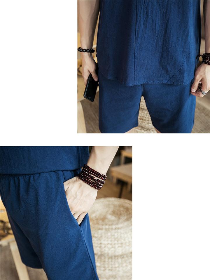 Lightweight Linen Two-Piece Outfit Wrap Neck T-Shirt + Elastic Waistband Knee-Length Pants