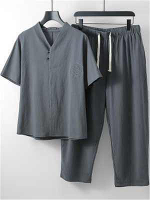 Comfy Loose Cotton Linen Print V-Neck Short-sleeved T-shirt + Cropped Pants