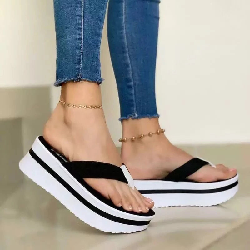 New Daily Striped Wedge Platform Female Thick Bottom Flip Flops Slippers