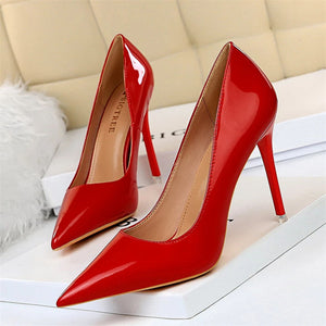 New Elegant Patent Leather Concise Pointed Toe Office Sexy Nude Pumps
