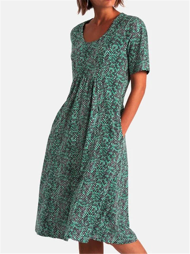 Relaxed Fit V Neck Short Sleeve Floral Printed Pleated Pocket Midi Dress