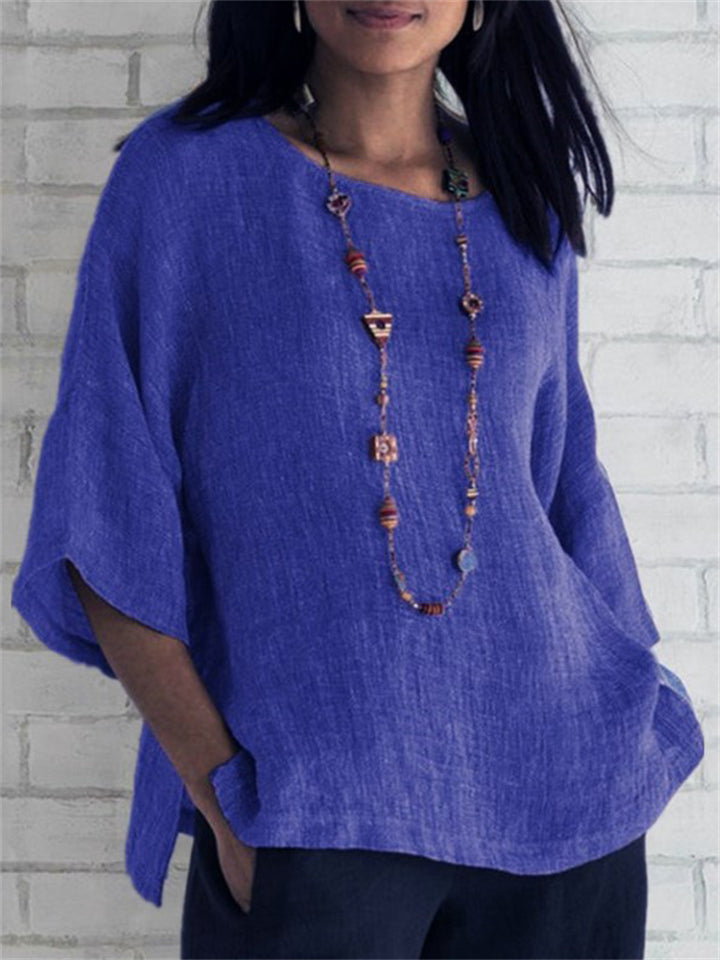 Women's Summer Comfy Cotton Linen Crew Neck 3/4 Sleeve Shirts