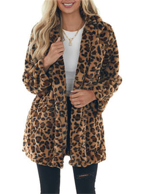 Stylish Classy Loose Pockets Faux Fur Leopard Ladies Coats