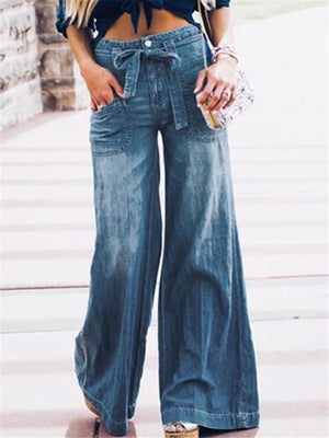 Relaxed Fit Washed Effect Front Pocket Wide Leg Denim Trousers