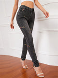 Lovely Small Floral Embroidery Slim Fit Black Denim Jeans for Women