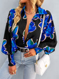 Fashion Floral Print Lapel Button Puff Sleeve Colorful Blouses for Office Ladies