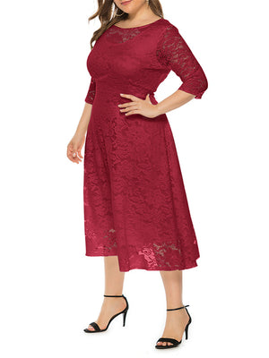 Plus Size Lace A-Line Half Sleeve Floral Evening Dress