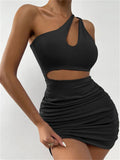 New One Shoulder Hollow High Waist Bodycon Pleated Dresses