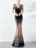 Shimmering Sequined V Neck Backless Mermaid Dress for Evening Party