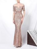 Shimmering Sequined Illusion Neck Mermaid Dress for Evening Party