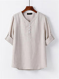 Mens Loose Comfy Linen Solid Color Long Sleeve T-Shirts