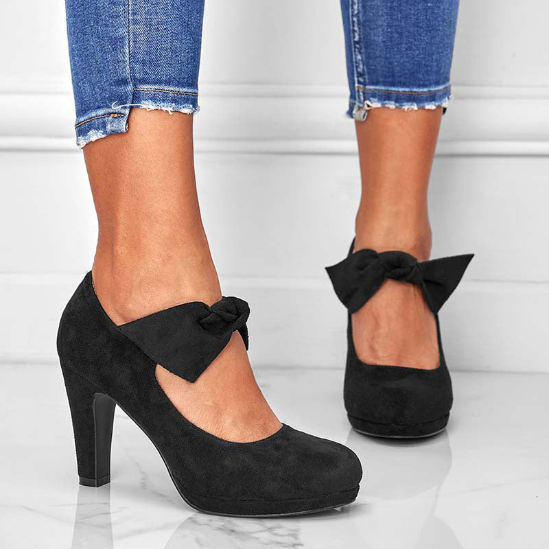 Female Elegant Black Closed Toe Suede Bowknot Pumps