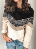 Trendy Striped Contrast Color Knit Pullover Round Neck Raglan Sleeve Sweater