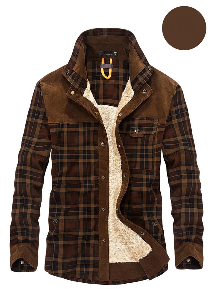 Men's Classic Vintage Plaid Corduroy Stand Collar Button Warm Outerwear Jacket