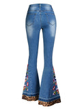 Women's Floral Embroidery Bell Bottom Denim Pants