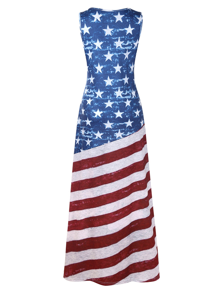 Vintage Flag Print Sleeveless Round Neck Maxi Dress